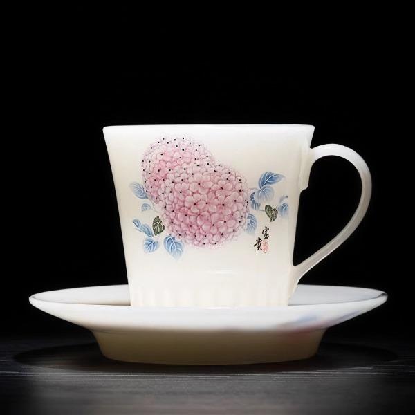 尾桥下窑冰种璞玉富贵锦绣咖啡杯马克杯精致绣球花早餐杯碟套组
