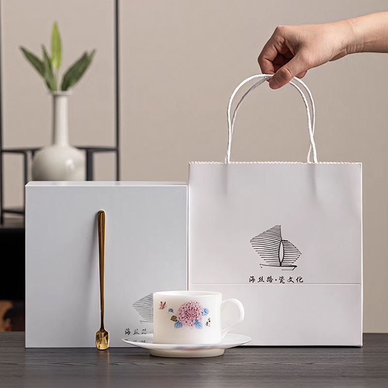 尾桥下窑冰种璞玉富贵锦绣咖啡杯马克杯精致绣球花早餐杯碟套组