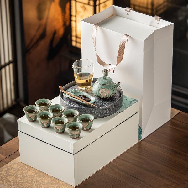 尾桥下窑窑变复古陶瓷青苔釉荷风送香20件套大盘茶礼套装节日礼