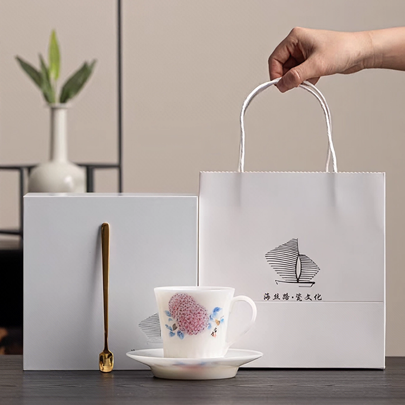 尾桥下窑冰种璞玉富贵锦绣咖啡杯马克杯精致绣球花早餐杯碟套组